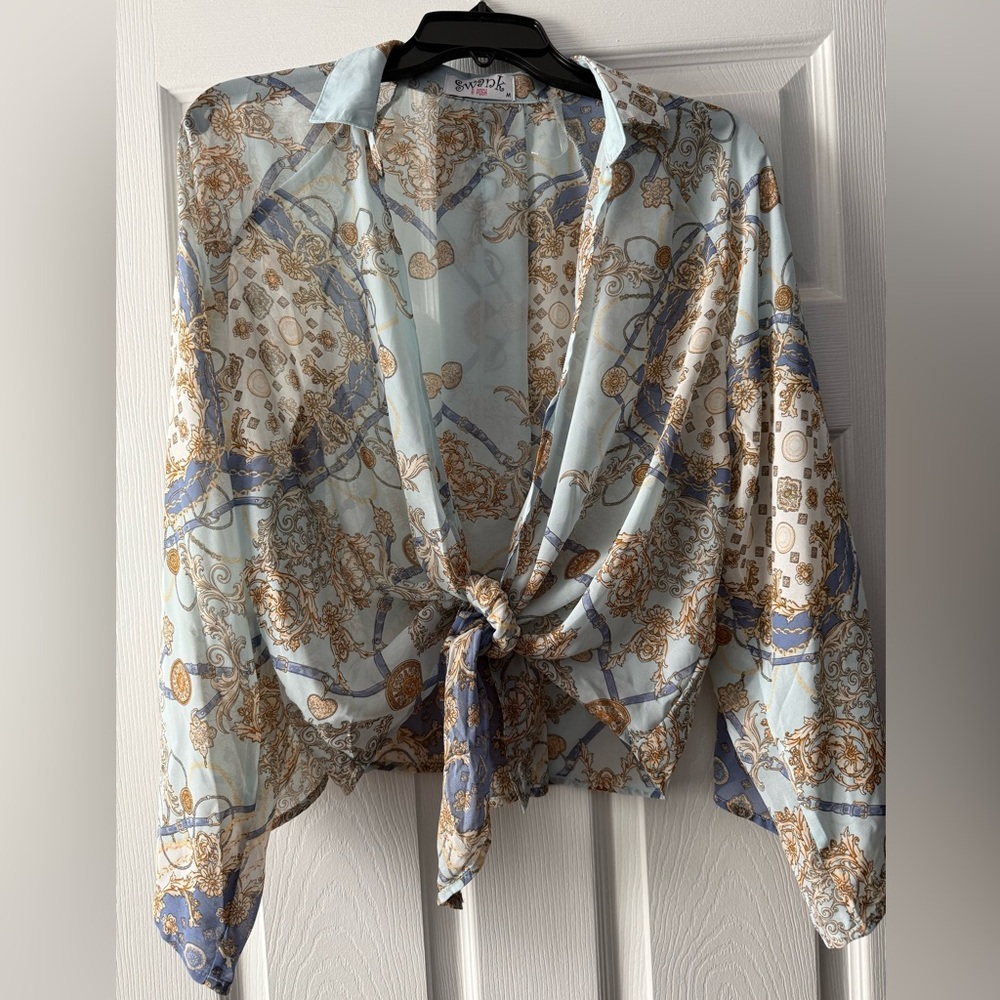 SWANK A POSH Blue and Gold Tie-Front Blouse